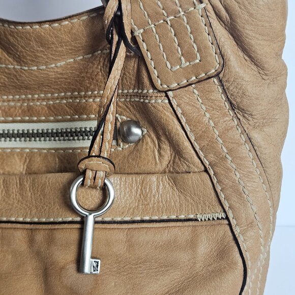 Vintage Fossil Tan Leather Shoulder Bag w/ Key – Classic Y2K Project Tote ZB2678 - Picture 5 of 16